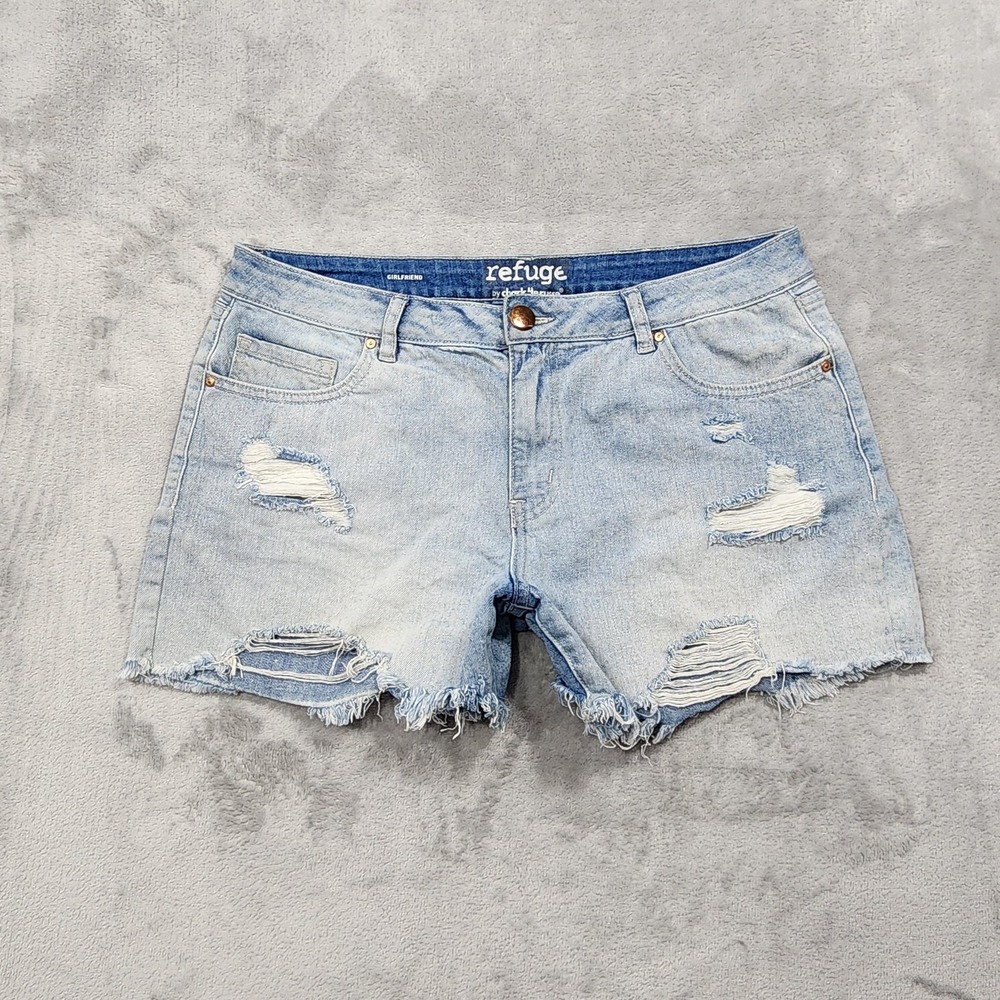 Refuge Shorts Womens 10 Blue Girlfriend Distressed Denim Cutoff Frayed Casual